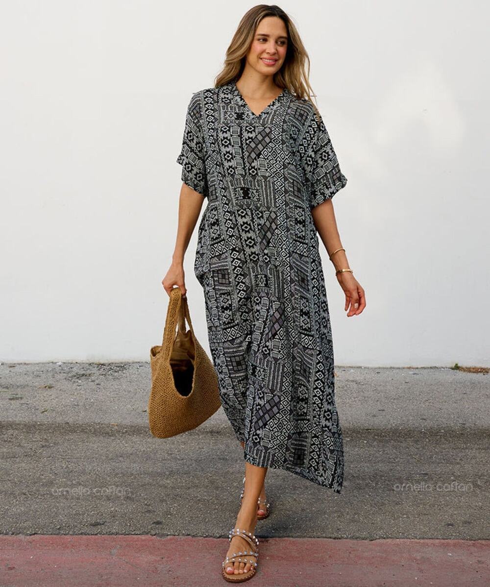 Ornella Caftan Aztec Tribal Print Geometric V Neck Maxi Dress One Size OS NWT